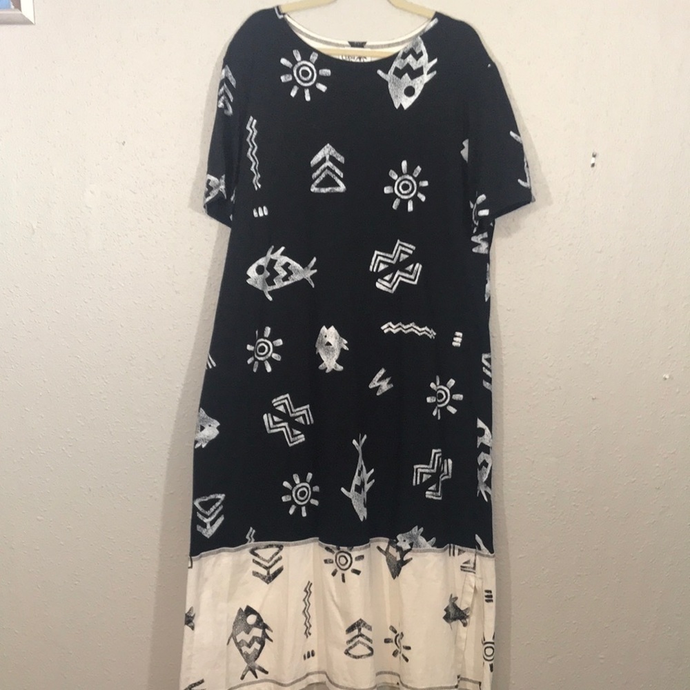 Copa Cabana Black & White Fish Print Stretch‎ Knit Short Sleeve VTG Maxi Dress